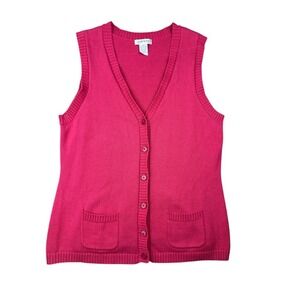 Orvis Women's Sleeveless Cardigan Pink 100% Cotton Sweater Vest Knit